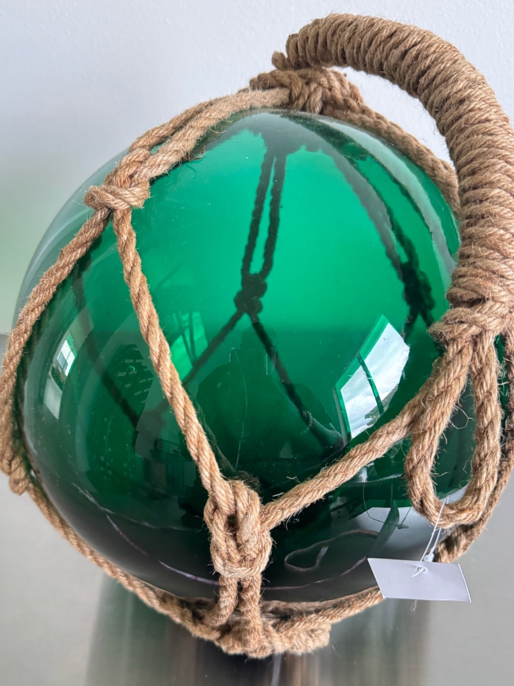 Vintage Japanese Hand-Blown Green Glass Fishing Float (Buoy) in rope netting